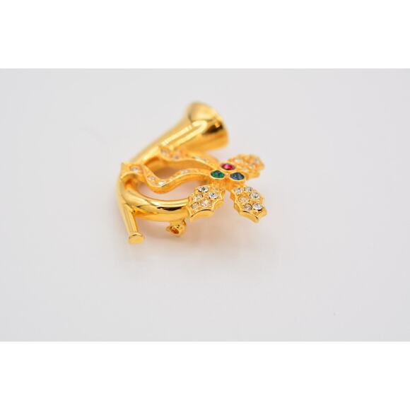 Merksamer Vintage Horn Pin Brooch Rhinestone Crystal Gold Tone Signed 90s BinAT - Picture 7 of 12